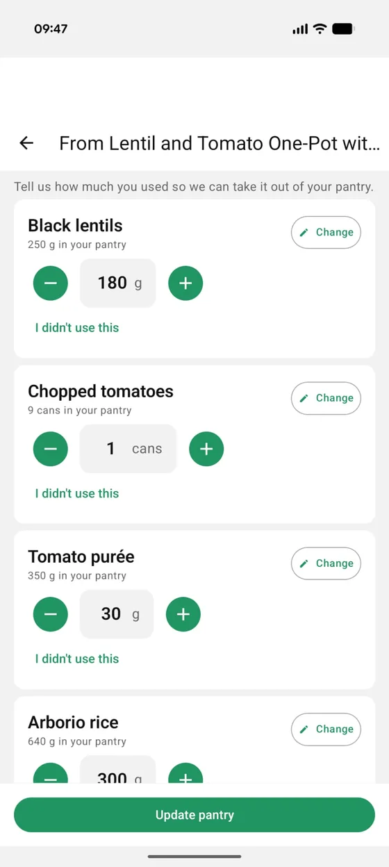 The 'I cooked this' screen: how much of each ingredient the recipe used, ready to tweak and take out of the pantry in a few taps.