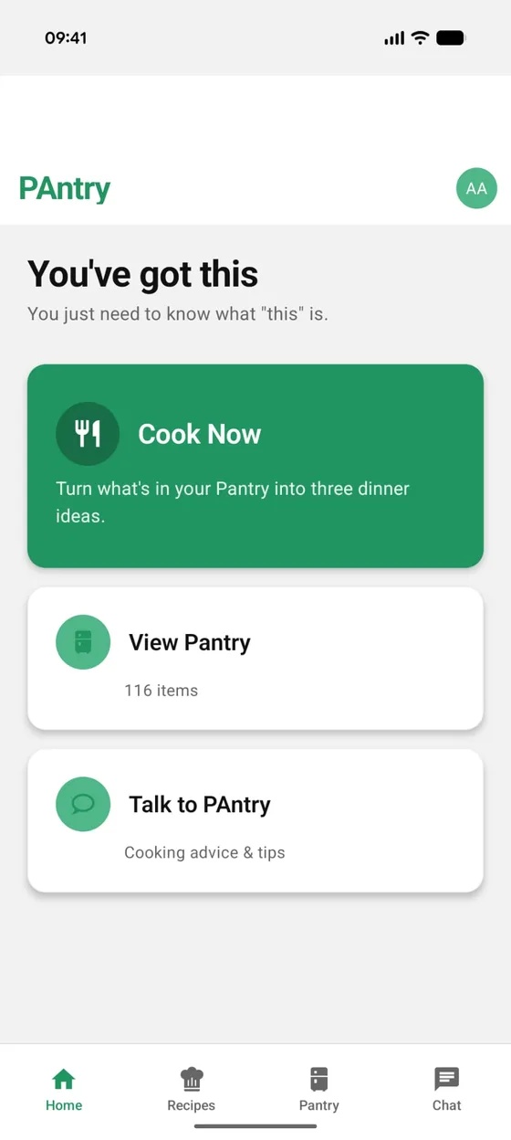 The PAntry home screen: Cook Now turns what's in your pantry into three dinner ideas, plus View Pantry and Talk to PAntry.
