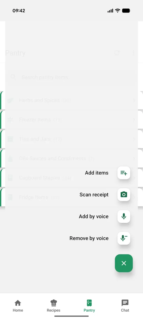 The PAntry pantry, organised by fridge, freezer and cupboard, with options to add items, scan a receipt, or add and remove by voice.