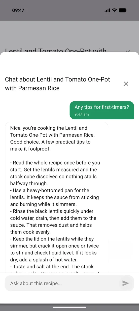 A chat pinned to the recipe: asked for first-timer tips, the PA suggests reading it through first, the right pan, and how to keep the lentils from catching.
