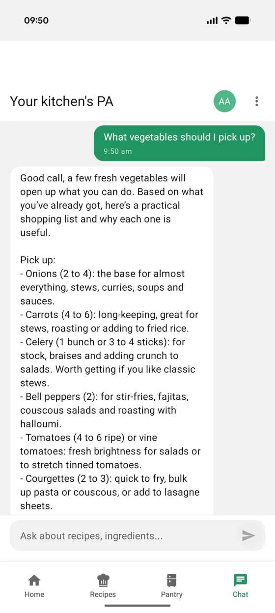 Asked which vegetables to pick up, the PA builds a short shopping list from what's already in the pantry, with a reason for each item.